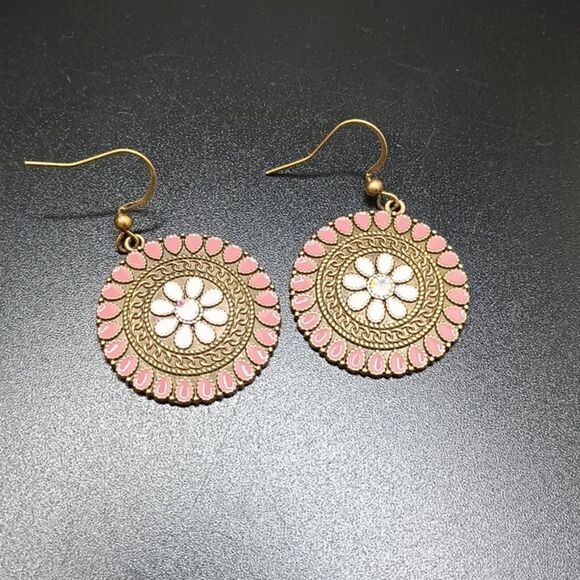 BRONZE pink floral earrings boho mandala minimalist - Picture 2 of 5